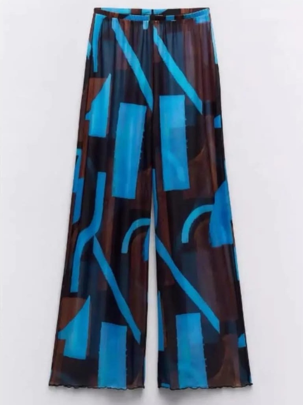 Zara Wide Leg Sheer Pants with Blue Geometric Print